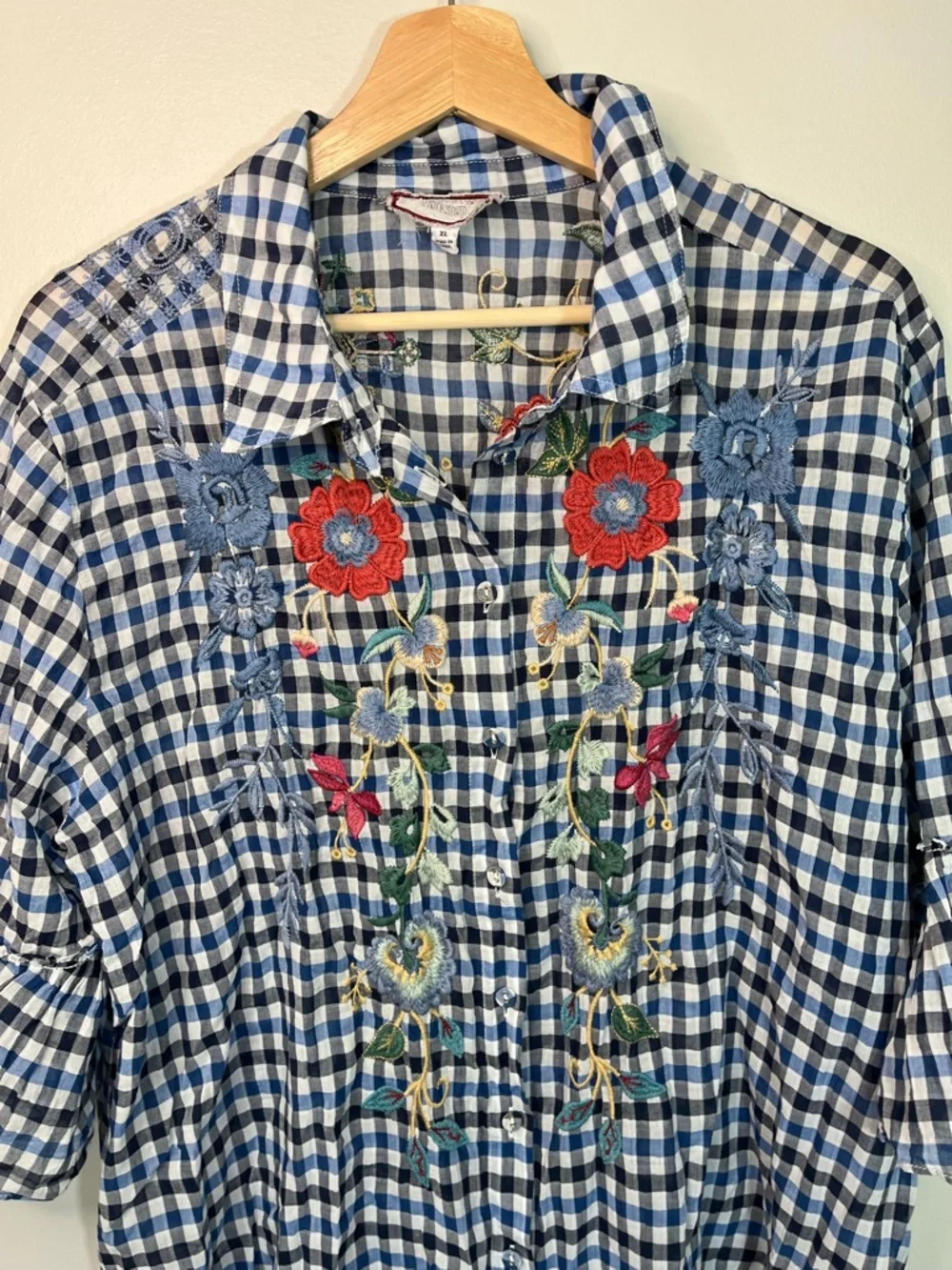Johnny Was Blue Gingham Embroidered Peasant Tunic - Picture 4 of 12